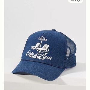 Anthropologie Navy Blue Mesh-Back Cote d'Azur Embroidered Trucker Hat